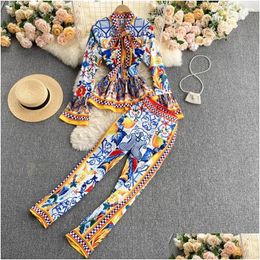 Women'S Two Piece Pants Runway Fashion Elegant Vintage Print Pant Suit Ruffle Blouse Shirt Top And Long Pants Two Piece Set Women Sets Dhklp