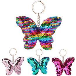 Car Sparkling Colorful Sequins Butterfly Shape Pendant Keychain Car Key Ring Holder Hanging Decoration Keychain Sequins Decor 12275E