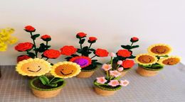 Decorative Flowers & Wreaths Hand-knitted Handmade Yarn Crochet Rose Pot Flower Bouquet Wedding Home Decor Girlfriends Lovers Holi7087767
