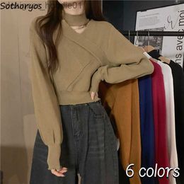 Women's Tanks Camis Pullovers Women 6 Colours Design Creativity Simple Pure Sweater Autumn All-match Daily Korean Style Criss-Cross Leisure Halter L231208