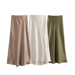 Skirts TRAF Satin Midi Skirt Woman High Waist Long For Women Fashion 2023 Autumn Casual Elegant Party Women's 231207