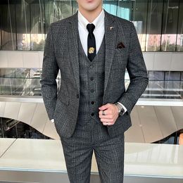 Men's Suits High-quality Men (suit Vest Trousers) Boutique Fashion And Handsome British Business Slim-fit Wedding Plaid Suit 3 Sets