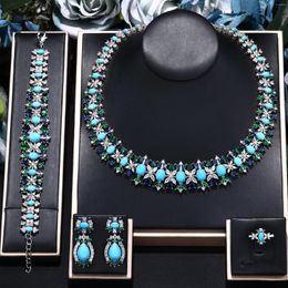 Necklace Earrings Set Luxury Green Blue CZ Crystal Turquoise 4PCS Wedding Bridal Jewellery For Party