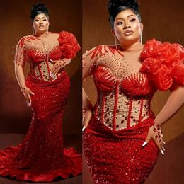 Plus Size Aso Ebi Red Prom Dresss Illusion Mermaid Long Sleeves Lace Beaded Evening Dress African Arabic Gala Gown Birthday Party Gala Sparkling Gowns Vestidos ST628