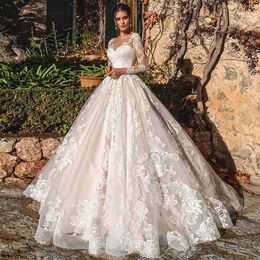 exquisite Lace Appliques Ball Gown Long Sleeves Wedding Dress 2024 Illusion Buttons Back Court Train Bride Gown Vestido De Noiva