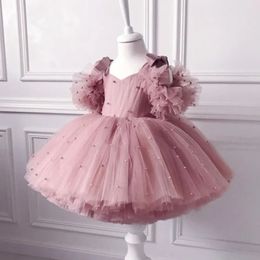 Pullover 0 5Y baby girl dress christening pearl mesh princess tutu bow birthday party 231207