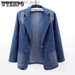 Women's Jackets WTEMPO Women One Button Up Jean Coat Durable Plus Size Cardigan Ladies Mid Washed Denim Biker Jackets Spring Autumn Blazer L231208