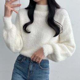 Women's Sweaters Fashion Half High Collar Fluffy Pullovers Sweater Women Autumn Winter Thicken Mink Cashmere Jersey Long Sleeve Top