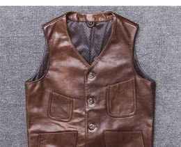 Men's Vests 2023 Men Genuine Leather Vest Short Vintage Sleeveless Jaqueta Couro Motociclista Multi-Pockets Size 4XL Breathable Overcoats