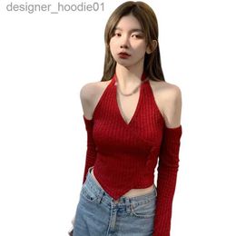 Women's Tanks Camis Women's Solid Color Off Shoulder Halter Crop Top Slim Fit Sexy Base Shirt Long Sle Sexy Casual Knitted T-Shirt L231208