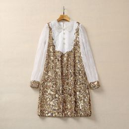 2024 Spring Gold Sequins Panelled Beaded Dress White Contrast Color Long Sleeve Peter Pan Neck Short Casual Dresses S3D041130
