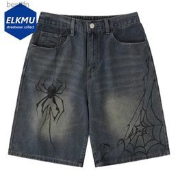 Men's Jeans Y2K Blue Denim Shorts Spider Cobweb Printed Summer Loose Casual Jeans Shorts Fashion Harajuku Hip Hop Streetwear Shorts for MenL231208