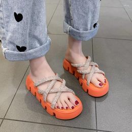 Dress Shoes 2023 Shining Crystal Chunky Sandals Women Cross Strap Platfrom Wedge Slippers Woman Summer Thick Bottom Beach Sandalias Mujer B