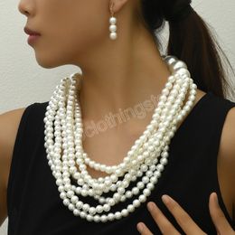 Multi-Layer White Imitation Pearl Necklace Earring Set Bead Chain Ladies Wedding Clavicle Necklace Girl Charm Banquet Jewellery