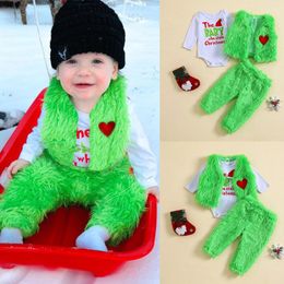 Clothing Sets Baby Christmas Costume Outfits Born Girl Boys Long Sleeves Green Furry Romper Fleece Letter Prints Pants Vest Set