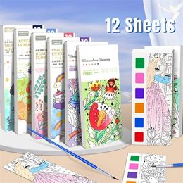 Drawing Painting Supplies Kids Portable Watercolour Book Paint With Water Brush Gouache Graffiti Picture Colouring Toys Kindergarten Gifts 231207