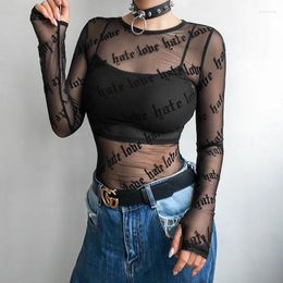 Yoga Outfit Sexy Women Mesh T-Shirts See-Through Perspective Tshirt Letter Printed O Neck Transparent Long Sleeve T Shirt Tops