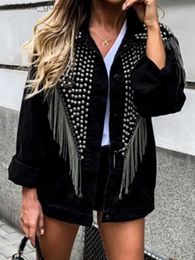 Women's Jackets Women Streetwear Style Denim Jacket Spring Autumn Long Sle Lapel Rivet Tassel Loose Korean Jeans Coat Fe Black Outwear L231208