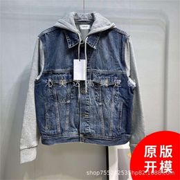 the Correct Version of 22cel New Sweater Splicing Fake Two Pieces of Wash Blue Old Denim Jacket for Men and Women