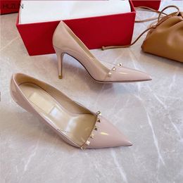 Dress Shoes Spring And Autumn Sexy Pointy Women's High Heel Pvc Spliced Cowhine Riveted Stiletto Heels Simple Party Wedding