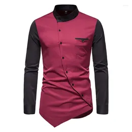 Men's Dress Shirts Mens Fashion Banded Collar Black Wine Red Splicing Asymmetric Long-sleeved Shirt Business Casual Button Down