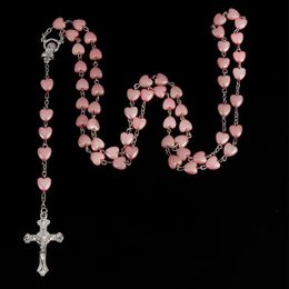 Pendant Necklaces Catholic porcelain white love rosary prayer necklace Mary blessing rosary prayer necklace porcelain white heart-shaped beads 231208