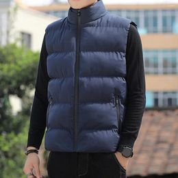 Men's Vests Zipper Pockets Waistcoat Men Down Cotton Vest Padded Stand Collar Coat With Neck Protection Windproof For Fall