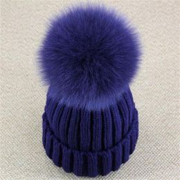 Whole-Real Fox Fur Pom Pom Women Beanie Hat Hat With Pompom Ball Real Raccoon Fur Pompon Knit Bobble Hat Couple Ski Cap225R