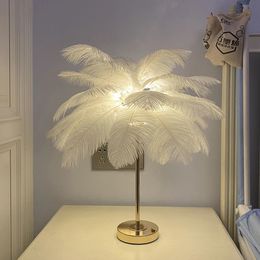 Decorative Objects Figurines Touch Control Table Feather Lamp For Wedding Bedroom Decoration LED Desk Lamp With Feathers USB Power/Rechargeable 231207