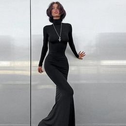 Casual Dresses Woman Long Sleeve Midi Dress Solid Colour High Neck Bodycon S-L