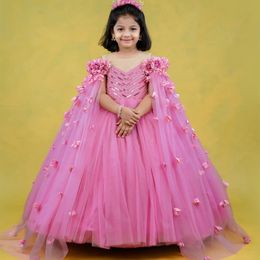 2023 Fuchsia Crystals Flower Girl Dresses Ball Gown Tulle Hand Made Flowers Vintage Little Girl Peageant Birthday Christening Dress Gowns ZJ421