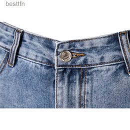 Men's Jeans Cotton Hole Short Jeans Men Casual Streetwear Mid Waist Solid Colour Denim Shorts for Men Summer Blue Mens Jeans PantsL231209