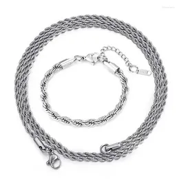 Chains 2pcs Silver Colour Punk Necklace Bracelet Set For Men And Women Simple Hip Hop Twisted Twist Rope Chain With Copper Lobste