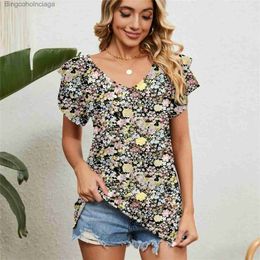 Women's T-Shirt Woman Clothing T-shirt Women's Floral Tops Cute Chiffon Blouse T Shirt Short Butterfly Sle Blue Pink Green Clothes for WomenL231208