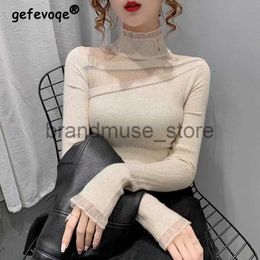 Women's Knits Tees Women Sexy Sheer Patchwork Half High Collar Elegant Knitwears Autumn Winter Female Solid Long Sleeve Slim Pullover Tops Jumpers J231208