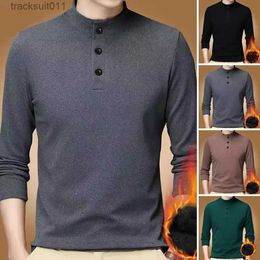 Men's T-Shirts Men T-shirt Solid Colour Long Sle Stand Collar Basic Top Autumn Winter Loose Plush Middle Aged Shirt for Daily Wear L231208