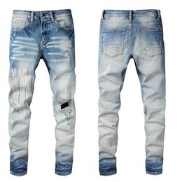 Men'sJeans European and American fashion street print letters, distressed denim, casual slim fit small leg jeans