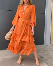 Casual Dresses 2023 Orange Ruffles Dress Women Lantern Sleeve Button Solid With Belt Daily Vacation Party Female Vestido