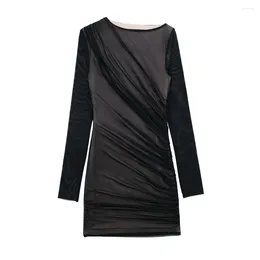 Casual Dresses Autumn Women's 2023 Round Neck Long-Sleeved Pleated Splicing Silk Net Dress Slim Sexy Elegant Mini Skirt