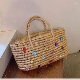 Evening Bags Luxury Diamond Straw Woven Tote Summer Casual Large Capacity Handbags Fashion Beach Women Shoulder Simple Style Shopping