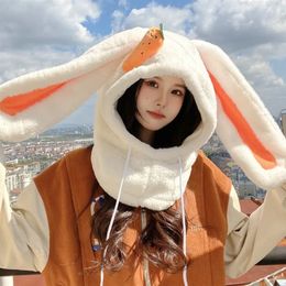 Trapper Hats 2in1 Cute Long Rabbit Ears Lei Feng Hat Bib Balaclava Gift For Women Female Girl Bunny Warm And Windproof Plush Hat 231208