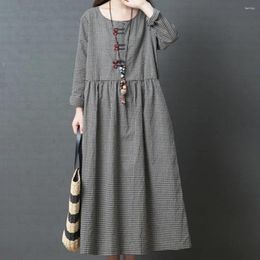 Casual Dresses Summer Women'S Loose Fashion For Women Big Code Girl Japanese Style Linen Long Sleeve Checked Dress Boho Beach Maxi Sundress