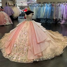 Champagne Shiny Quinceanera Dresses Ball Gown Off Shoulder 3DFlowers Applique Lace Beads Sweet 16 Dress Celebrity Party Gowns Graduation