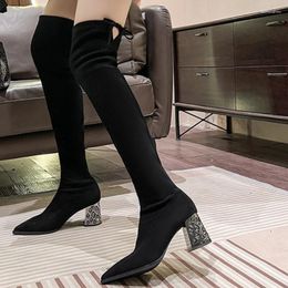 Boots Women Long Over The Knee Autumn Comfort Thick Heel Shoes Pointed Rhinestone High Heels Bota Plataforma Mujer