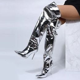 Boots Over The Knee Long Boots Women Mirror Platform Pointy Toe Punk High Thin Heels Boots Autumn Winter Zip Silver Casual Party Shoes 231207