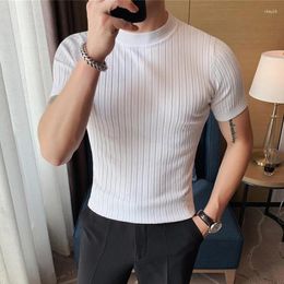 Men's T Shirts 2023 Style Men High Grade Solid Colour Stripe Knit T-shirt/Male Slim Fit Fashion Collar Short Sleeve T-shirt Black White