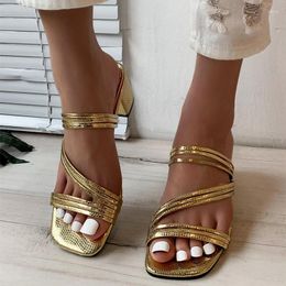 Dress Shoes High Heels Sandals Women's 2023 Summer Trends Sexy Gold Fashion Slippers Square Toe Thick With Luxury Party Size 42