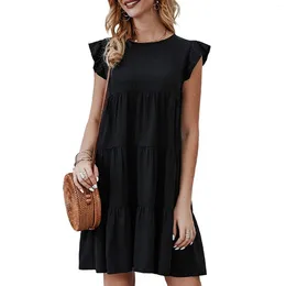 Casual Dresses Crew Neck Daily Short Mini Dress Sleeveless Summer Flowy Loose Fit Soft Ruffle Hem Beach Pleated Solid