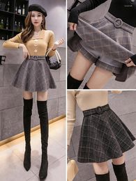 Skirts Autumn Winter Woolen Checked Mini Skirt Female High Waist Plaid Womens A-line Preppy Style Pleated Thick Shorts