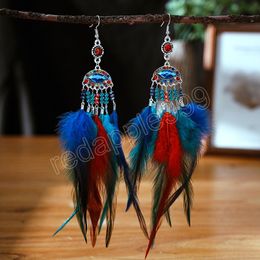 Super Long Exaggerated Irregular Feather Earrings for Women Fashion Boho Colorful Rhinestone Crystal Bead Dangle Earring Jewelry